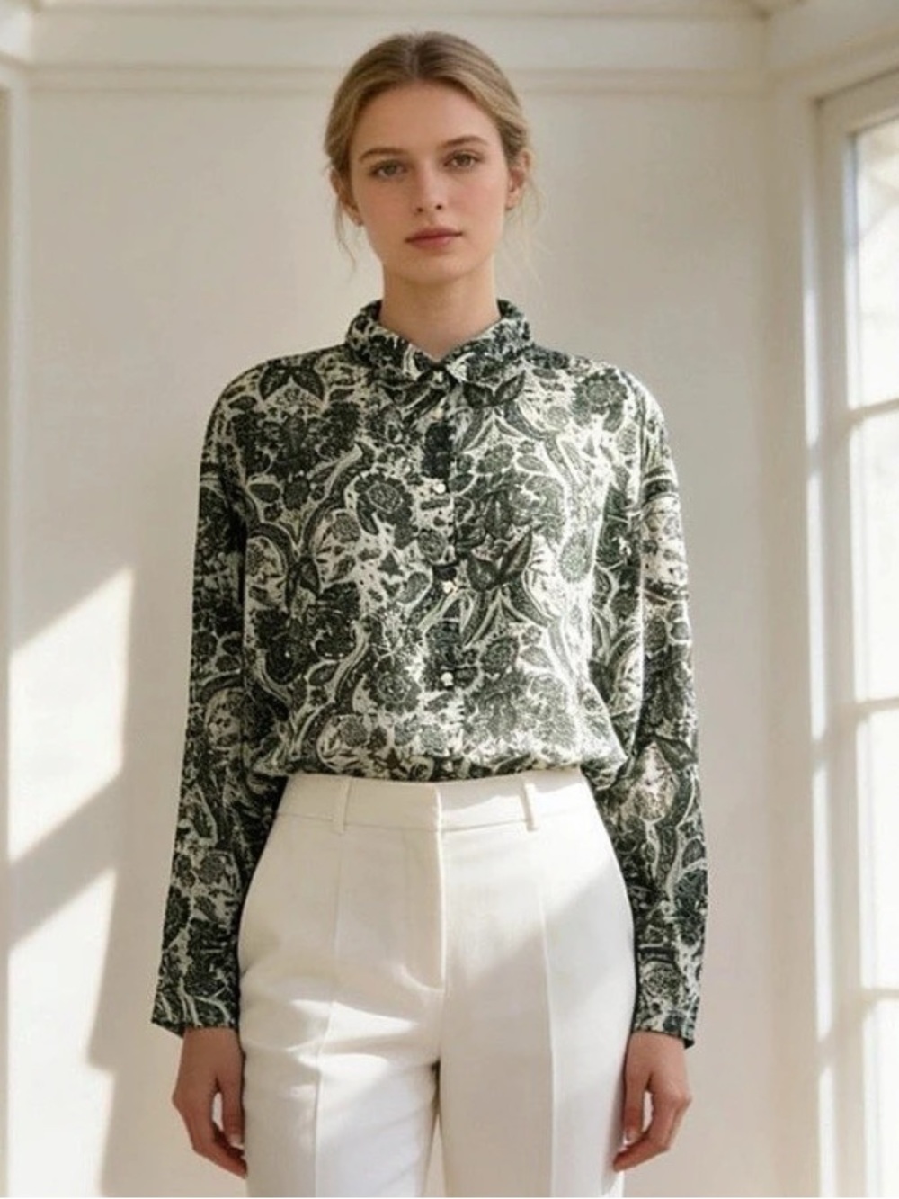 Primark Women’s S Green & White Paisley Floral Button-Front Tunic Blouse Like ne